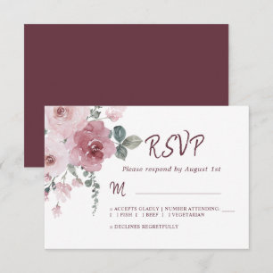 Floral Burgundy Dusty Pink Rose Wedding RSVP Karte