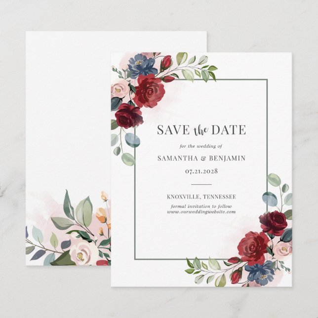 Floral Burgundy Eukalyptus Wedding Save the Date (Vorne/Hinten)