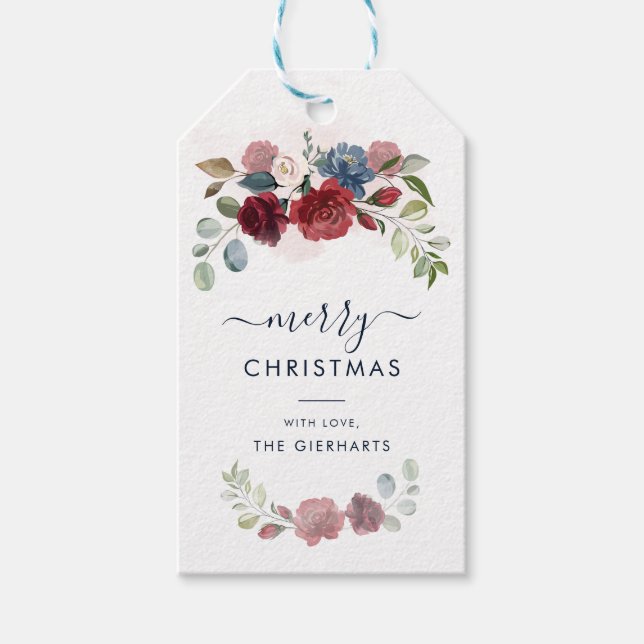 Floral Burgundy Frohe Weihnachten Moderne Geschenkanhänger (Vorderseite)