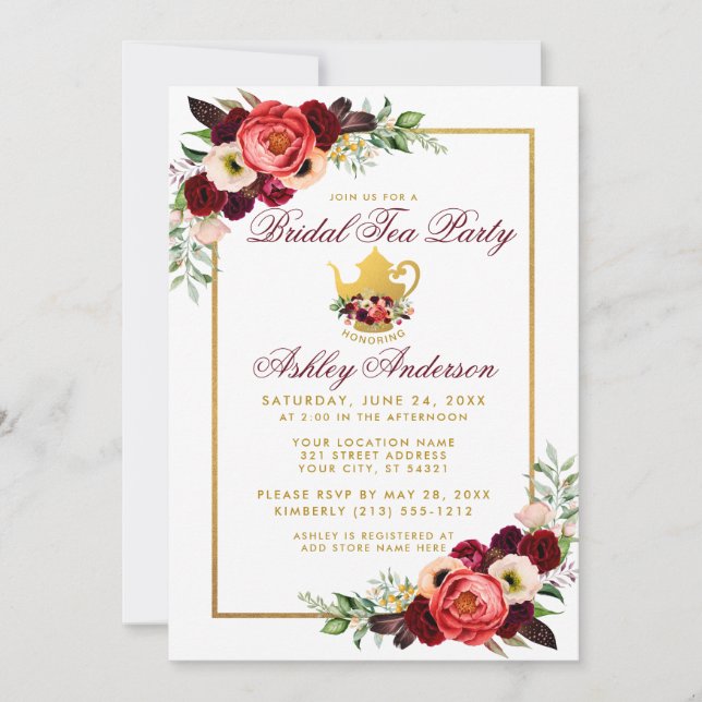 Floral Burgundy Gold Boho Brautparty Teezeremonie  Einladung (Vorderseite)