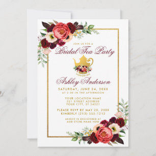 Floral Burgundy Gold Boho Brautparty Teezeremonie Einladung