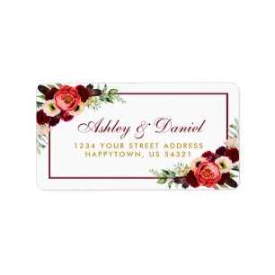 Floral Burgundy Gold Boho Wedding Address Adressaufkleber