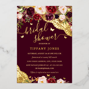 Floral Burgundy Gold Butterfly Lace Brautparty Folieneinladung