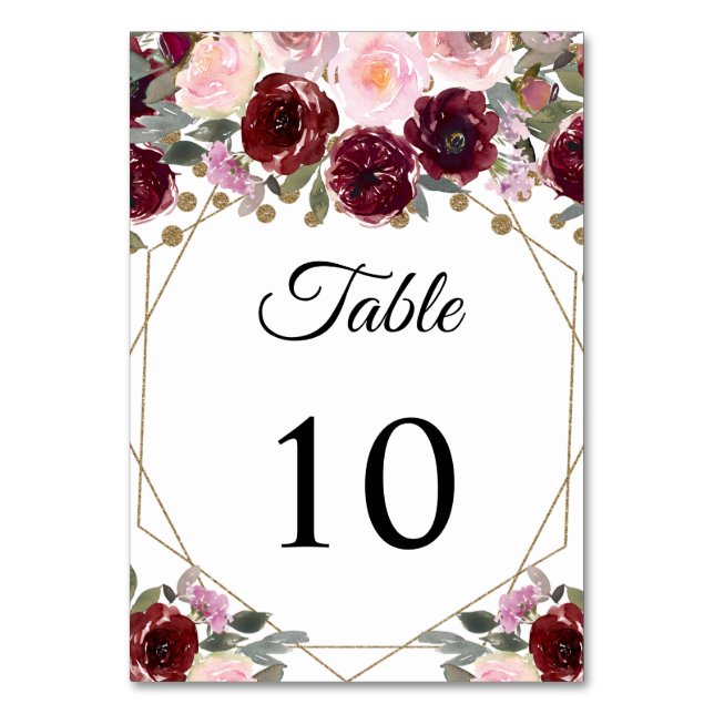Floral Burgundy Gold Glitzer Geometric Tischnummer (Vorderseite)