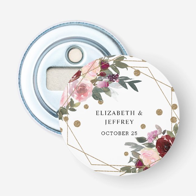 Floral Burgundy Gold Glitzer Geometric Wedding Flaschenöffner (Vorderseite)