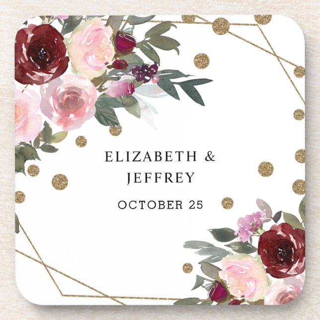 Floral Burgundy Gold Glitzer Geometric Wedding Getränkeuntersetzer (Vorderseite)