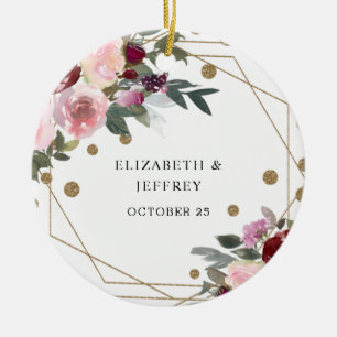 Floral Burgundy Gold Glitzer Geometric Wedding Keramik Ornament