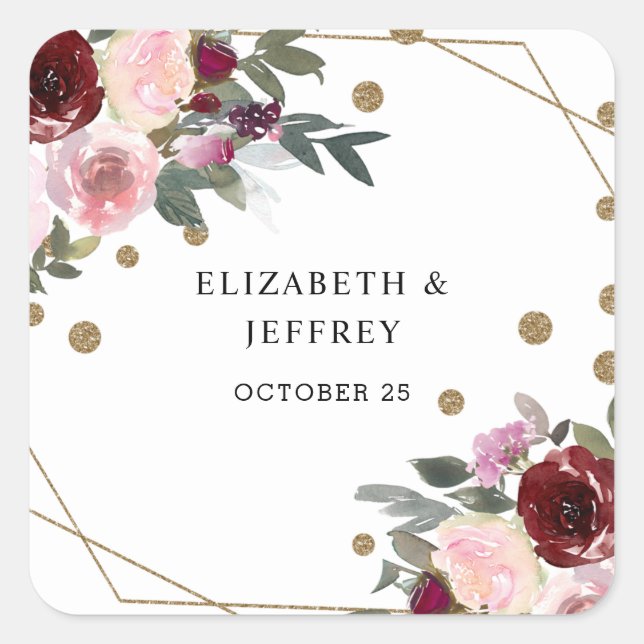 Floral Burgundy Gold Glitzer Geometric Wedding Quadratischer Aufkleber (Vorderseite)