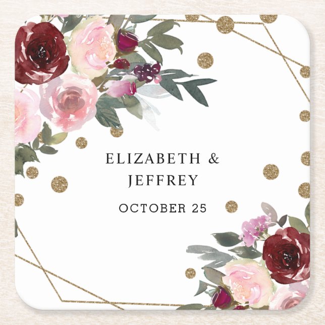 Floral Burgundy Gold Glitzer Geometric Wedding Rechteckiger Pappuntersetzer (Vorderseite)