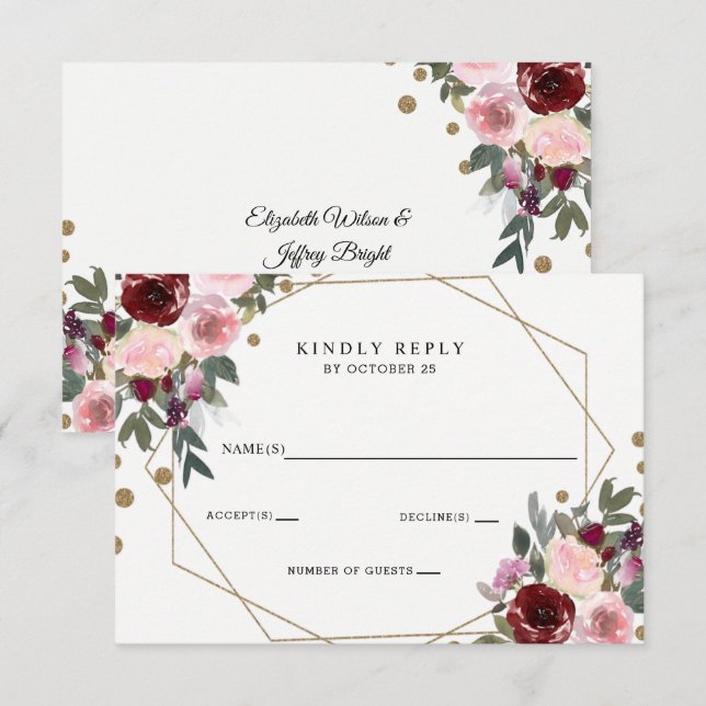Floral Burgundy Gold Glitzer Geometric Wedding RSVP Karte (Vorne/Hinten)