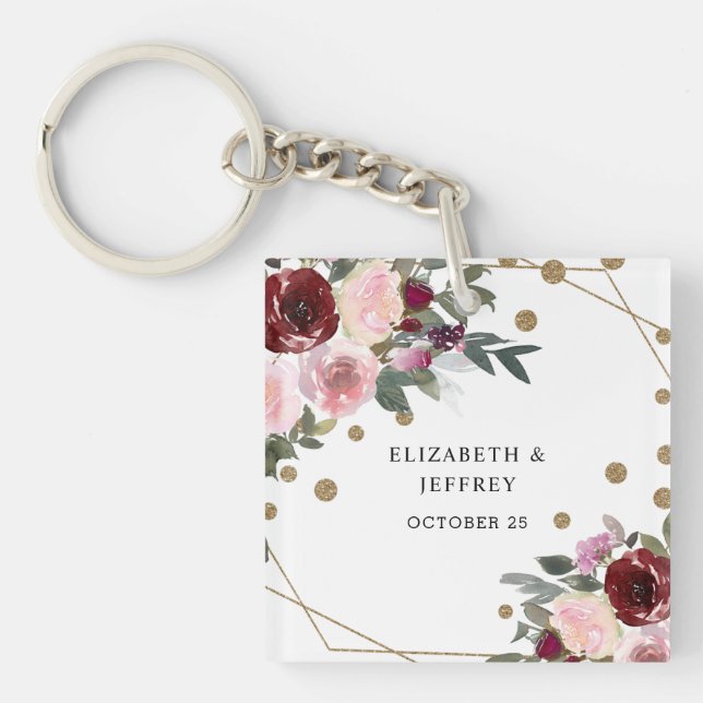 Floral Burgundy Gold Glitzer Geometric Wedding Schlüsselanhänger (Vorderseite)