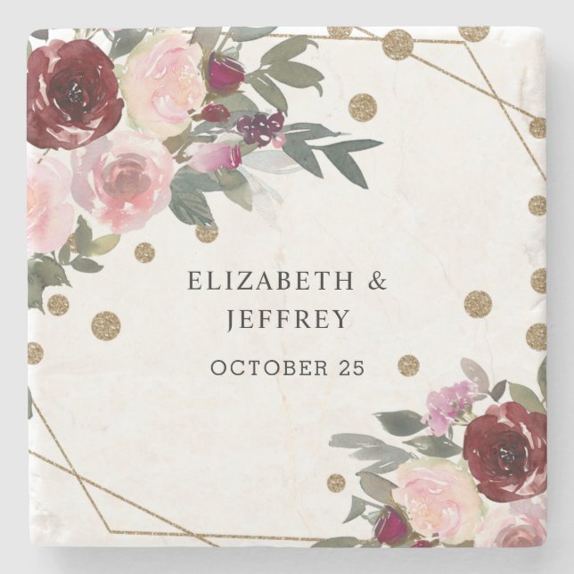 Floral Burgundy Gold Glitzer Geometric Wedding Steinuntersetzer (Vorderseite)