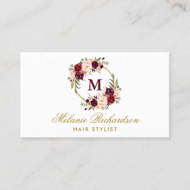 Floral Burgundy Gold Haar Stylist Ernennung Terminkarte (Vorderseite)