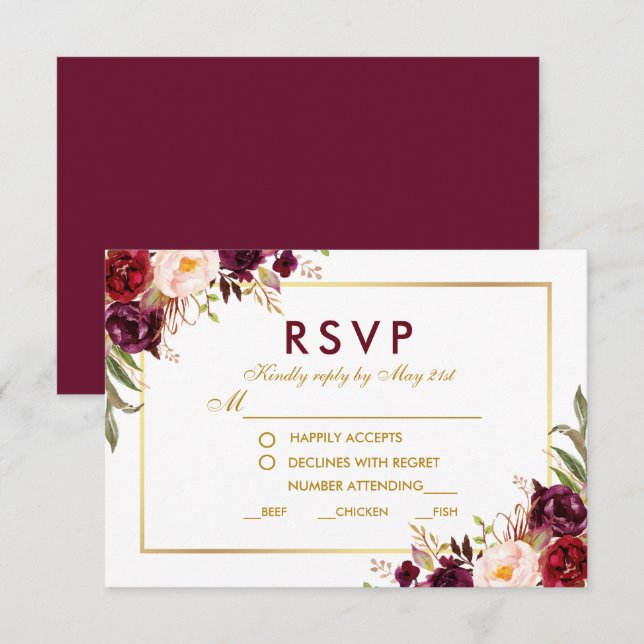 Floral Burgundy Gold Mariage Repas RSVP BG (Devant / Derrière)