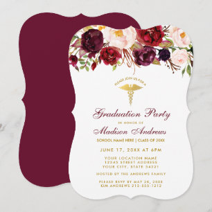 Floral Burgundy Gold Medical Grad Party Einladung