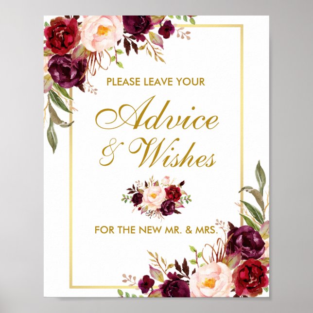 Floral Burgundy Gold Wedding Advice und Wünsche Poster (Vorne)