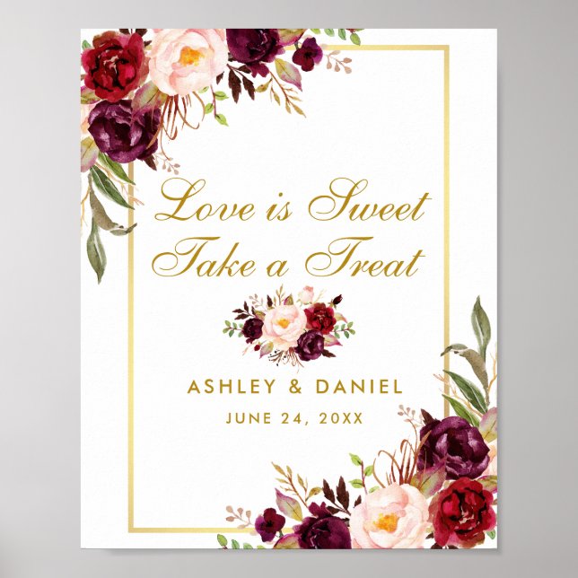 Floral Burgundy Gold Wedding Leckerei Poster (Vorne)