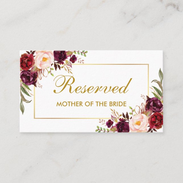 Floral Burgundy Gold Wedding Reservierter Name Platzkarte (Vorderseite)