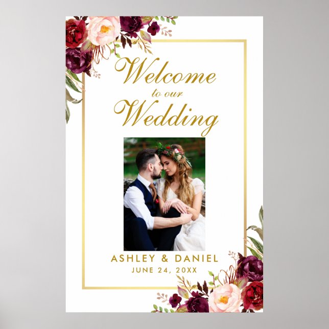 Floral Burgundy Gold Wedding Welcome Photo Poster (Vorne)