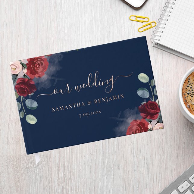 Floral Burgundy Hochzeit im Herbst Rose Goldene Fo Gästebuch (Burgundy Floral Watercolor Gold Foil Wedding Guest Book)