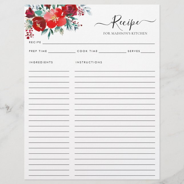 Floral Burgundy Holly Leaf Holiday Kitchen Rezept (Vorderseite)
