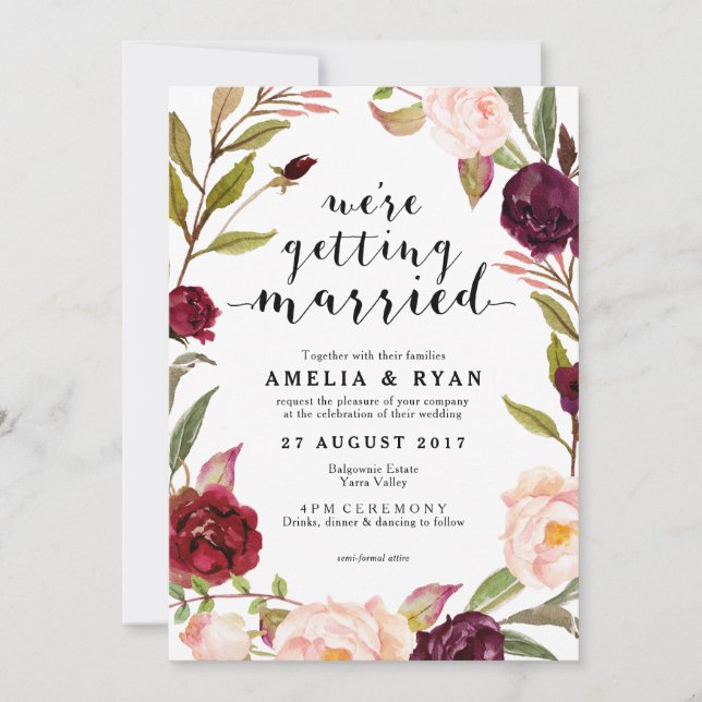 Floral Burgundy Leafy Hochzeit Einladung (Vorderseite)