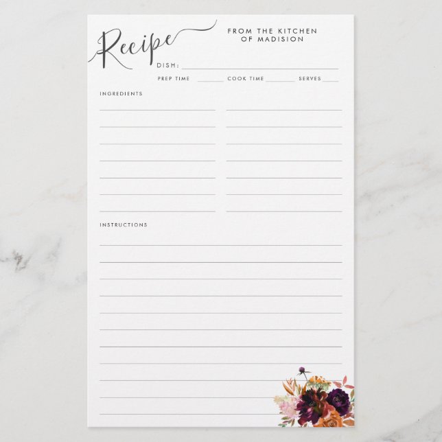 Floral Burgundy Magenta Lila Kitchen Rezept Karte (Vorne)