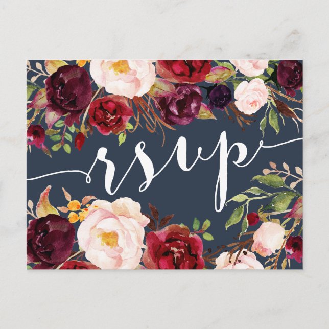 Floral Burgundy Marine Wedding Carte postale RSVP (Devant)