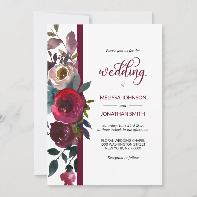 Floral Burgundy Marsala Rote Rose Hochzeit Einladung (Vorderseite)