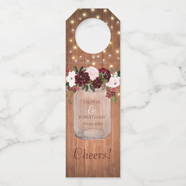 Floral Burgundy Mason Jar Rustic Wedding Flaschenanhänger (Vorderseite)