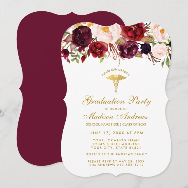 Floral Burgundy Medical Grad Gold Party Einladung  (Vorne/Hinten)