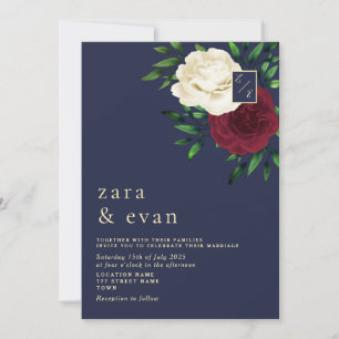 Floral Burgundy Navy Blue Faire-part de mariage