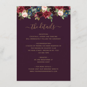 Floral Burgundy Navy Blue Plum Jewel Tone Wedding Begleitkarte