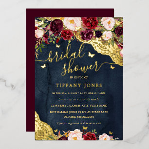 Floral Burgundy Navy Gold Lace Brautparty Folieneinladung