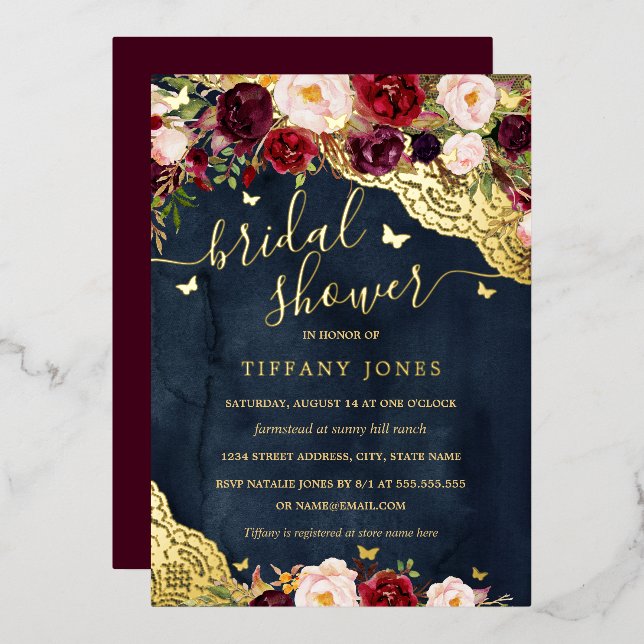 Floral Burgundy Navy Gold Lace Brautparty Folieneinladung (Vorderseite/Rückseite)