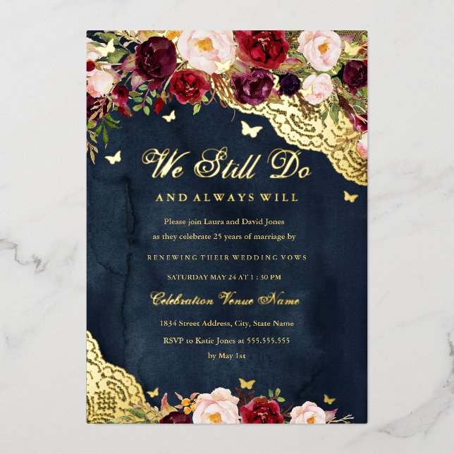 Floral Burgundy Navy Gold Lace Vow Erneuerung Folieneinladung (Vorderseite)