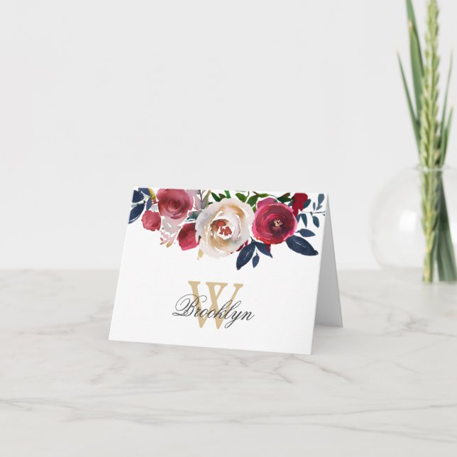 Floral Burgundy Peach Navy Botanisches Monogramm Dankeskarte (Vorderseite)