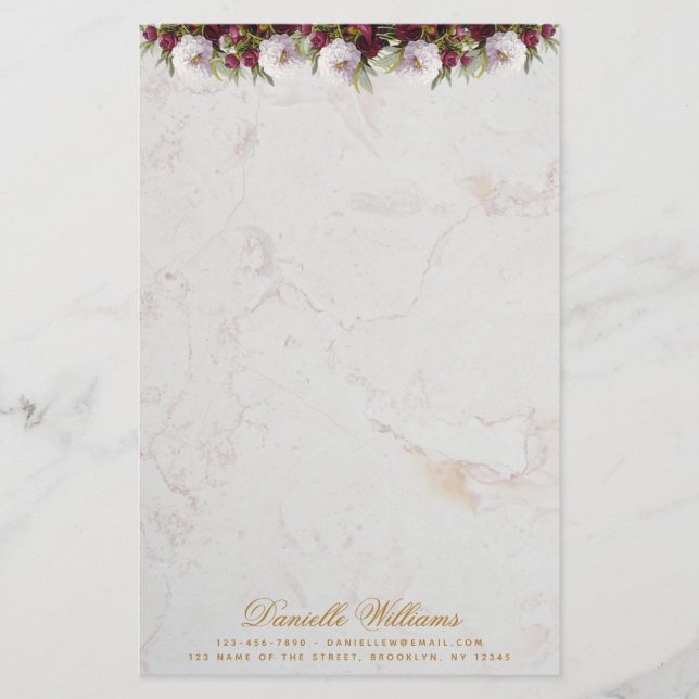 Floral Burgundy Peonies Marble Elegantes Skript Briefpapier (Vorderseite)