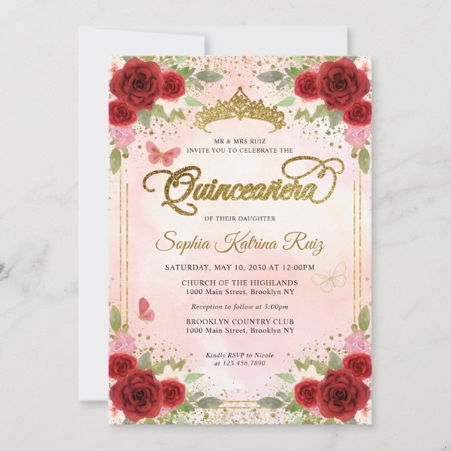Floral Burgundy Pink Gold Crown Quinceañera Einladung (Vorderseite)