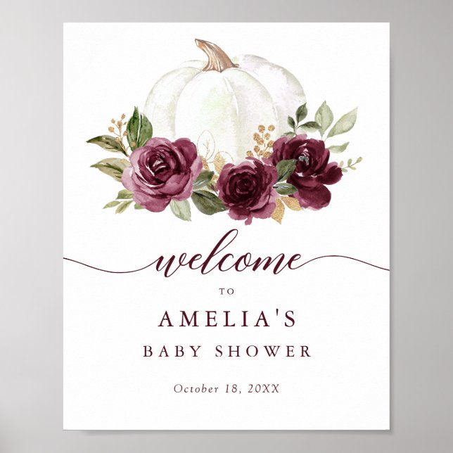 Floral Burgundy Pumpkin Baby Dusche Begrüßungszeic Poster (Vorne)