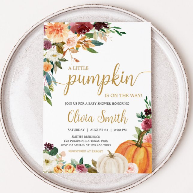 Floral Burgundy Pumpkin Baby Dusche Einladung (Pumpkin Baby Shower Invitation)