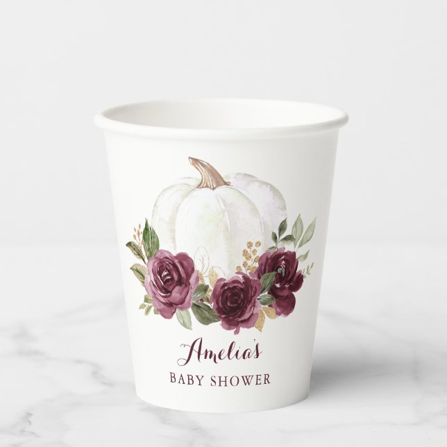 Floral Burgundy Pumpkin Fall Babydusche Pappbecher (Vorderseite)