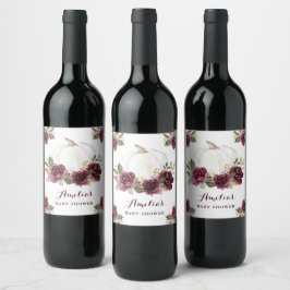 Floral Burgundy Pumpkin Fall Babydusche Weinetikett