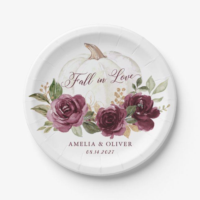 Floral Burgundy Pumpkin Hochzeit Herbst in Liebe Pappteller (Vorderseite)