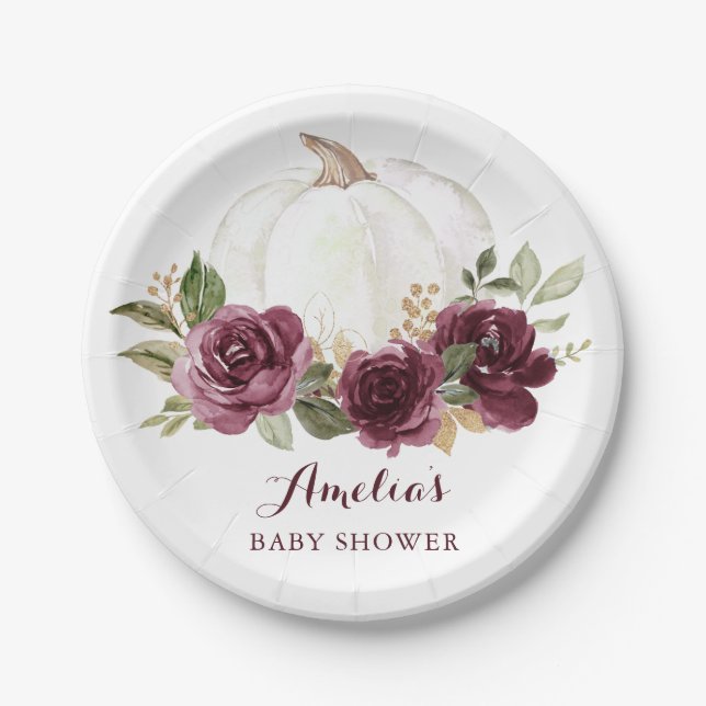 Floral Burgundy Pumpkin Marsala Baby Shower Fall Pappteller (Vorderseite)