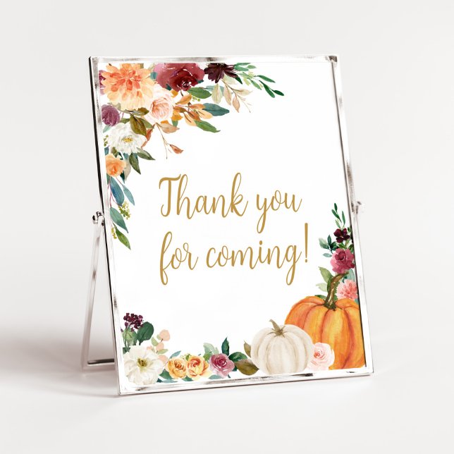 Floral Burgundy Pumpkin Vielen Dank für Ihren Besu Poster (Pumpkin Baby Shower Thank you for Coming Sign)