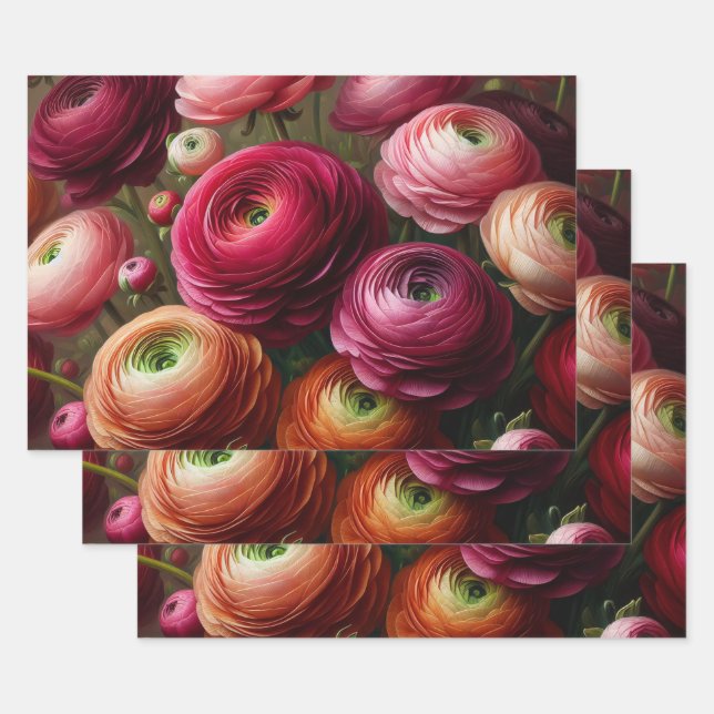 Floral Burgundy Ranunculus Decoupage Geschenkpapier Set (Set)