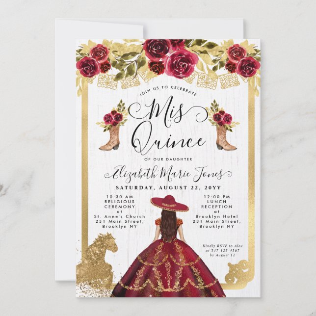Floral Burgundy Red Gold Horse Charra Quinceanera Einladung (Vorderseite)