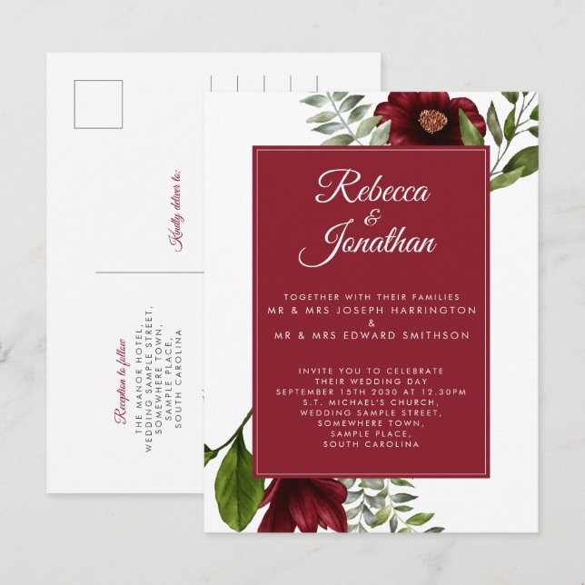 Floral Burgundy Red Wedding Einladungspostkarte (Vorne/Hinten)