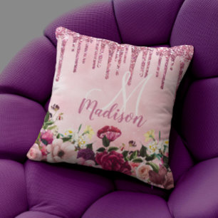 Floral Burgundy rosa Tropfrösche Glitzer Monogramm Kissen